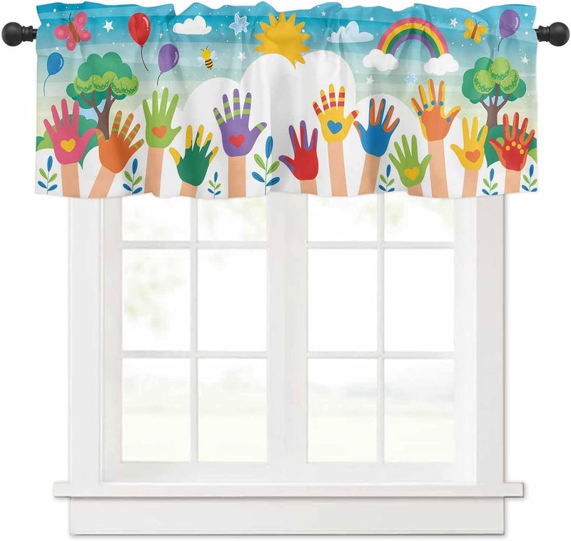 Homechoid Children's Day Curtain Valance for Windows/Living Room/Kitchen/Bathroom/Café, Kids Cartoon Handprint Bee Sun Rainbow Short Rod Pocket Tier Curtain Window Treatment Panel Topper Curtains 42''x12'' - Image 1